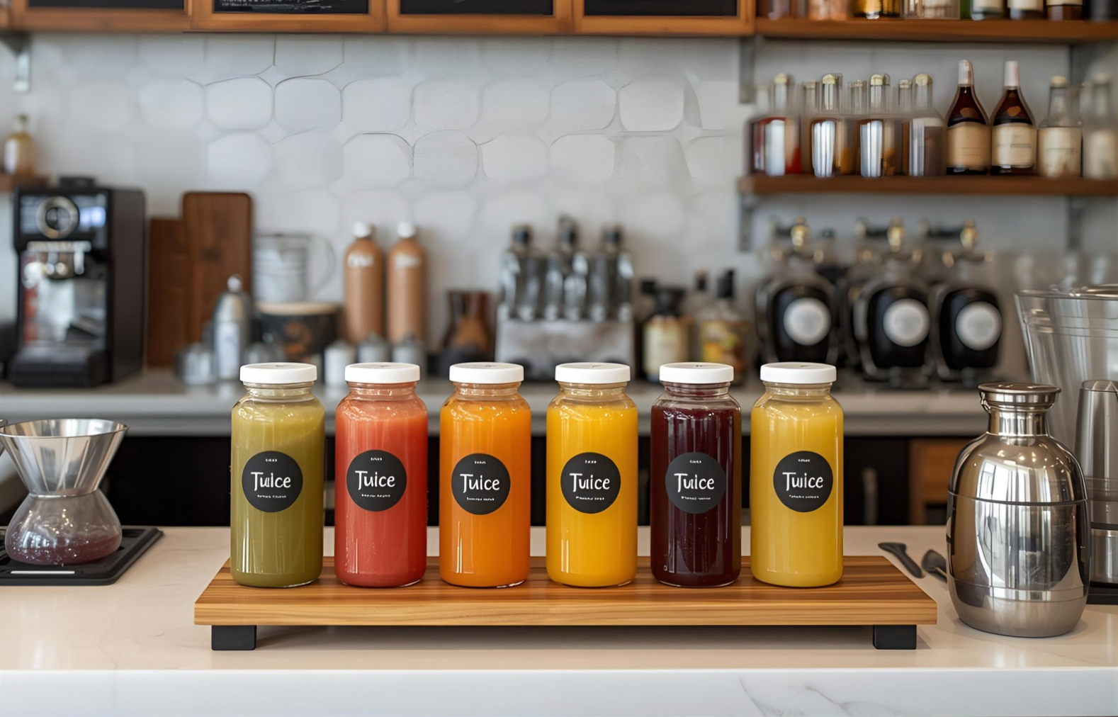 Row of juice bottles labeled 'Juice' on a wooden tray in a kitchen setting.