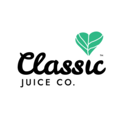 Classic Juice Co. logo with a green leaf on a white background