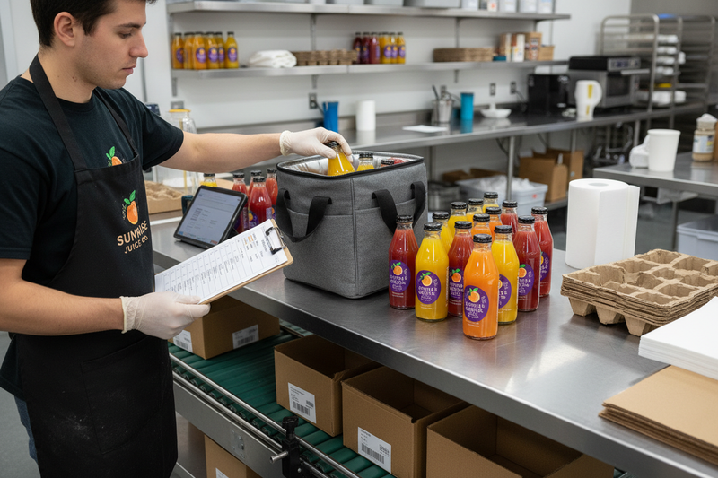 Person packing juices in glass bottles into a cooler bag with a clipboard on the table. he is also looking at the clipboard as he packs