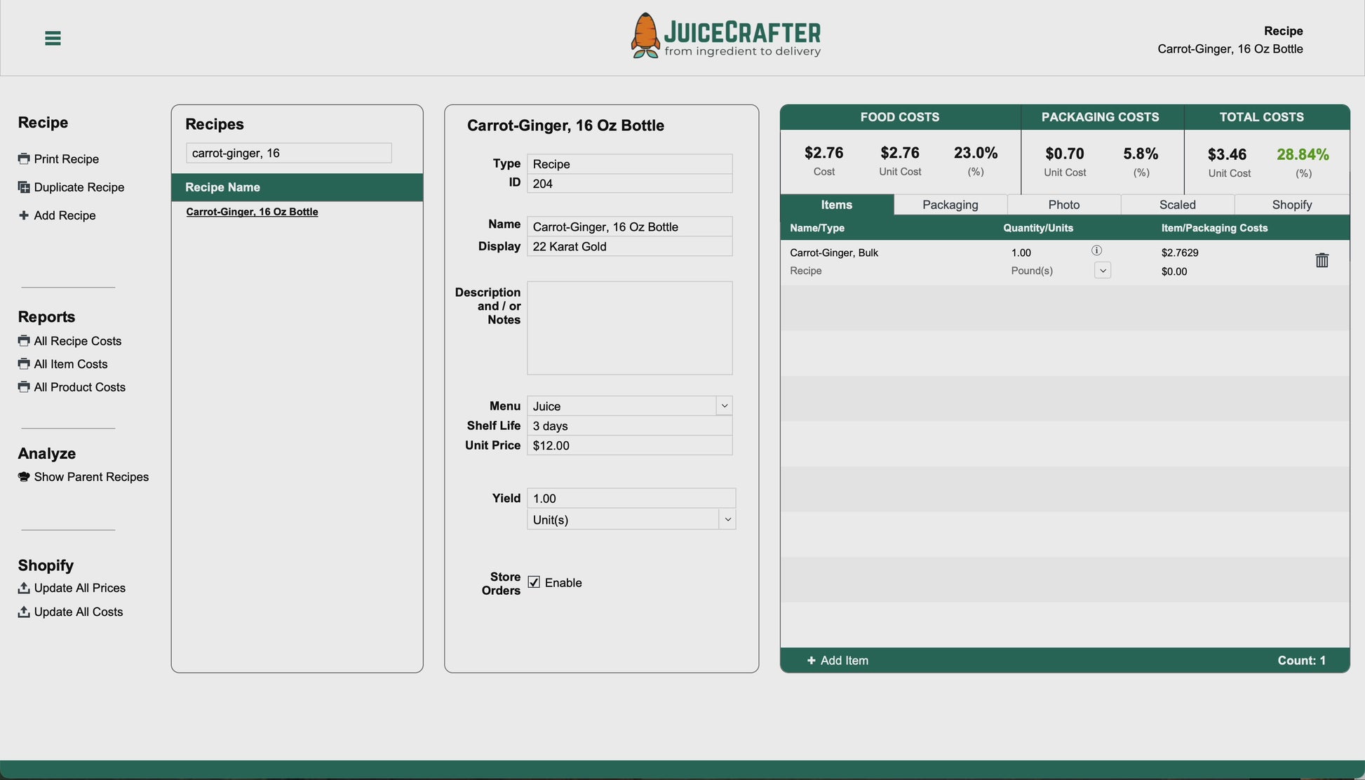 recipe costing software demo with sub recipes