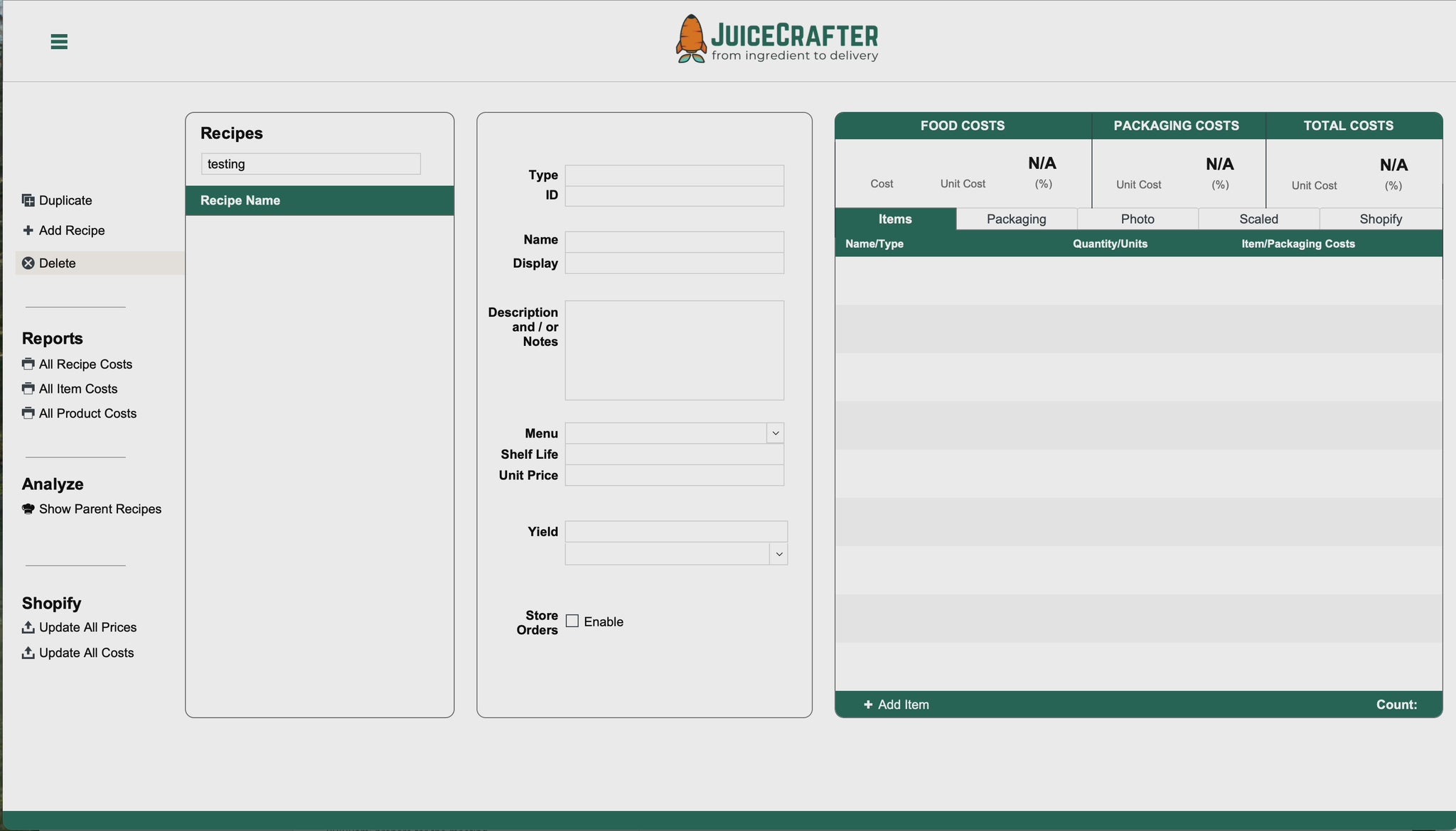 Entering a juice recipe with JuiceCrafter
